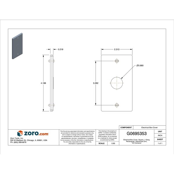 Raco Electrical Box Cover, Square Box Type, 1 Gang, Galvanized Zinc, KO Centered Cover - 861