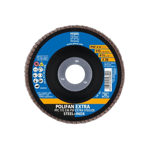 Pferd 4-1/2" x 7/8" A.H. POLIFAN® Disco de láminas - Z PSF EXTRA STEELOX, Zirconia, 36 Granos, Cónico - 60625