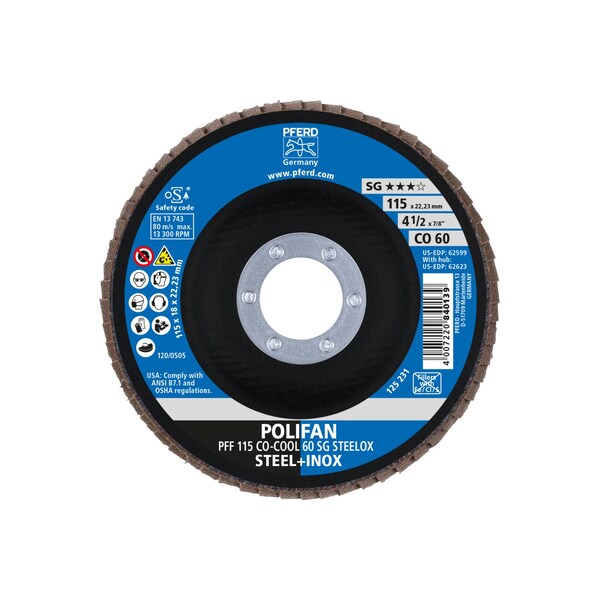 Disco de láminas POLIFAN® de 4-1/2 pulgadas x 7/8 pulgadas A.H. - CO-COOL SG STEELOX, óxido cerámico, 60 granos, plano - 62599