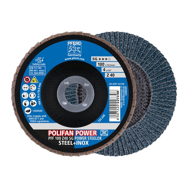 Disco de láminas POLIFAN® de 4" x 5/8" A.H. - Z SG POWER STEELOX, de Zirconia, 40 granos, plano, 62138