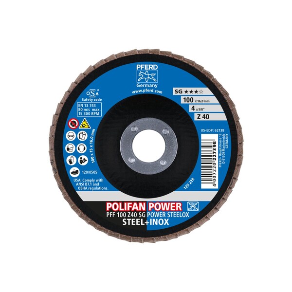 Disco de láminas POLIFAN® de 4" x 5/8" A.H. - Z SG POWER STEELOX, de Zirconia, 40 granos, plano, 62138