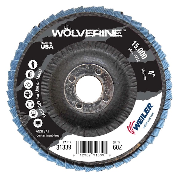 Weiler 4" Disco Abrasivo de Láminas, Cónico (TY29), Respaldo Fenólico, 60Z, 5/8" - 31339