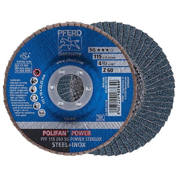 Pferd 4-1/2" x 7/8" A.H. Disco de láminas POLIFAN® - Z SG POWER STEELOX, Zirconia, 60 Grit, Plano - 62178