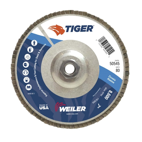 Disco de solapa Weiler 7" Tiger Disc, Cónico (TY29), 80Z, 5/8"-11 UNC - 50545.