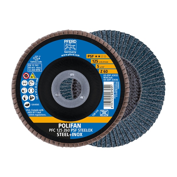 Disco de Láminas POLIFAN® 5" x 7/8" A.H. - Z PSF STEELOX, Zirconia, 60 Granos, Cónico - 63032
