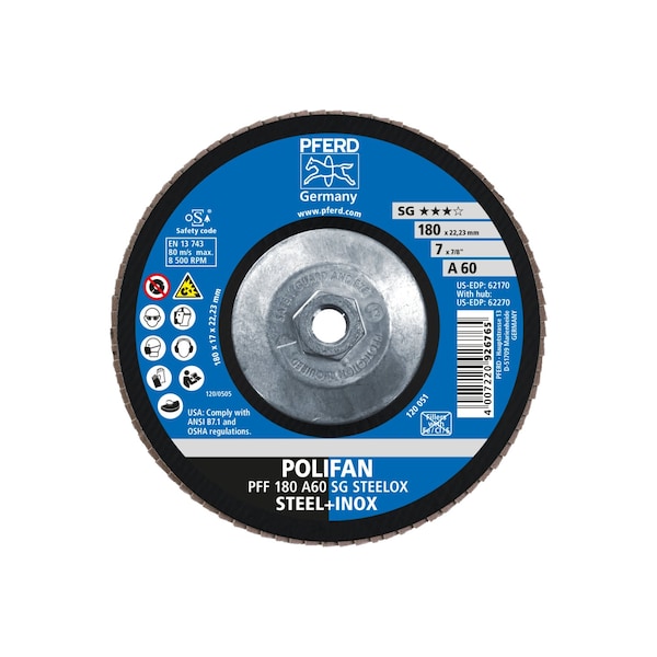 Disco de láminas POLIFAN® de óxido de aluminio, grano 60, 7" x 5/8-11 Thd., Cónico - 62270
