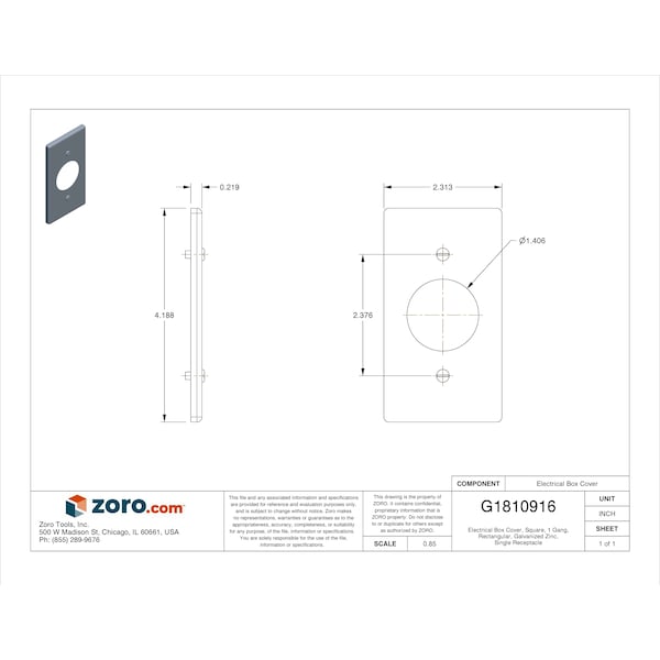 Raco Electrical Box Cover, Square Box Type, 1 Gang, Galvanized Zinc, Single Receptacle Cover - 863