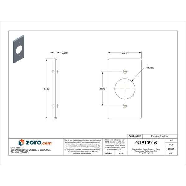 Raco Electrical Box Cover, Square Box Type, 1 Gang, Galvanized Zinc, Single Receptacle Cover - 863
