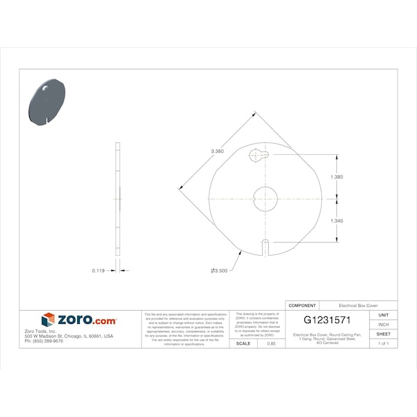 Raco Electrical Box Cover, Ceiling Box Type, 1 Gang, Galvanized Steel, KO Centered Cover - 703