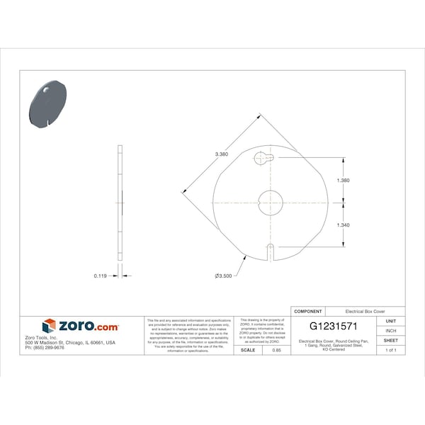 Raco Electrical Box Cover, Ceiling Box Type, 1 Gang, Galvanized Steel, KO Centered Cover - 703
