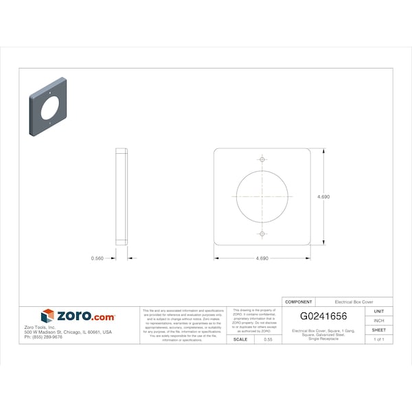 Hubbell Wiring Device-Kellems Electrical Box Cover, Square Box Type, 1 Gang, Galvanized Steel, Single Receptacle Cover - HBL50SC