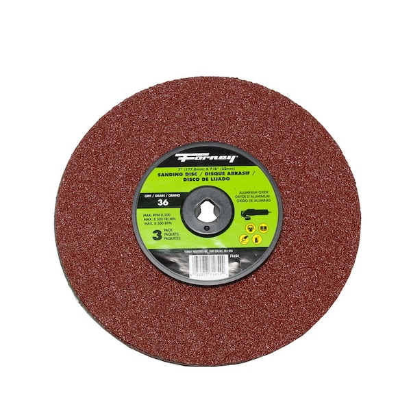 Disco de lijado de fibra de resina Forney, óxido de aluminio, 7 pulgadas x 7/8 pulgadas de árbol, grano 36 - 71654