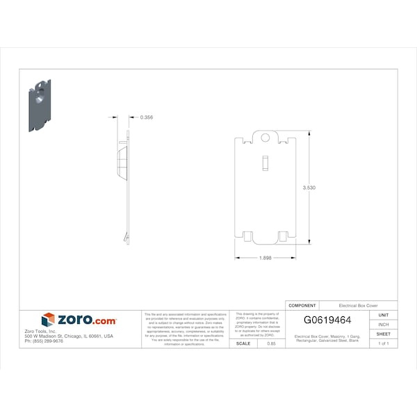 Raco Electrical Box Cover, Masonry Box Type, 1 Gang, Galvanized Steel, Blank Cover - 701FG