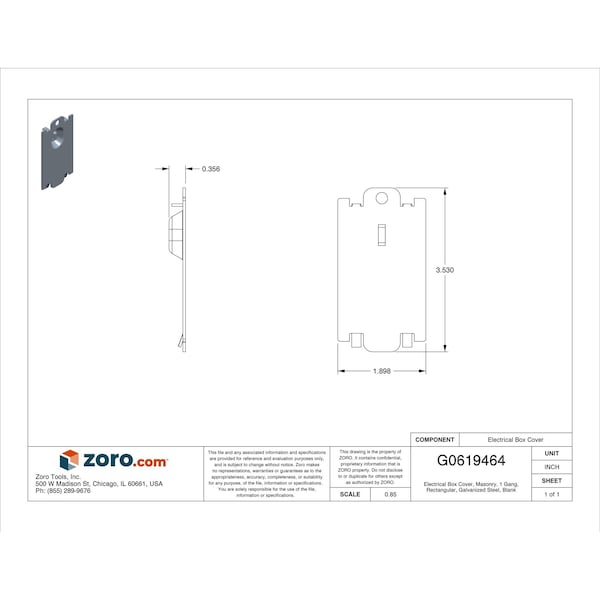 Raco Electrical Box Cover, Masonry Box Type, 1 Gang, Galvanized Steel, Blank Cover - 701FG