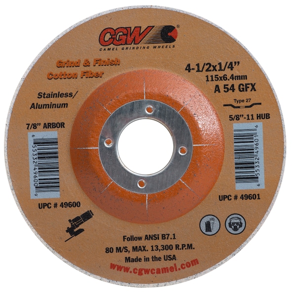 Cgw Abrasivos Rueda de Centro Ahusada, 4.5x1/4x7/8, A54GFX, T27 - 49600