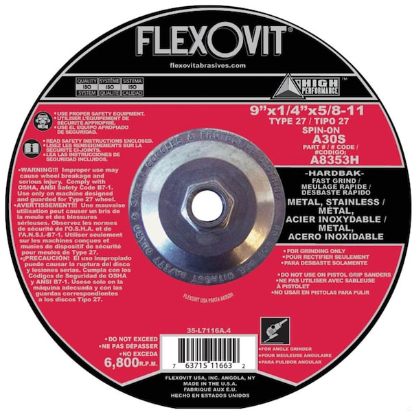Rueda de centro deprimido Flexovit HP Fast Grind, 9 pulgadas de diámetro x 1/4 pulgada de grosor, Grano A30S, Abrasivo de óxido de aluminio - A8353H