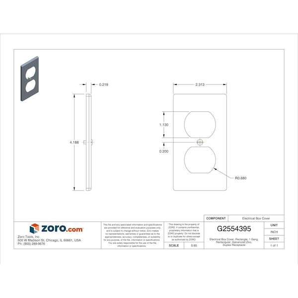 Raco Electrical Box Cover, Rectangle Box Type, 1 Gang, Galvanized Zinc, Duplex Receptacle Cover - 864
