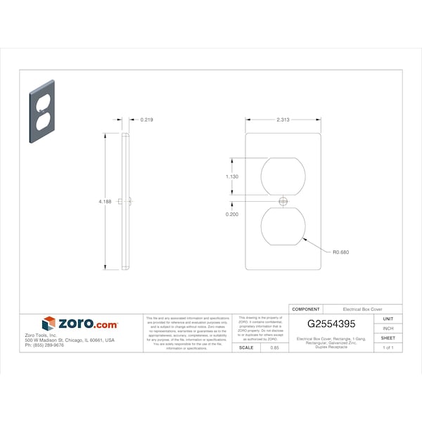 Raco Electrical Box Cover, Rectangle Box Type, 1 Gang, Galvanized Zinc, Duplex Receptacle Cover - 864