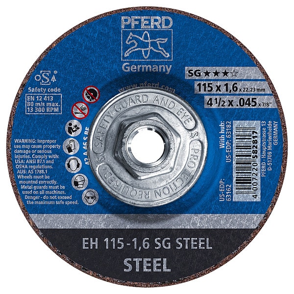 Rueda de corte Pferd de 4-1/2" x .045", 5/8-11 Thd. - SG STEEL - Tipo 27 - 63182