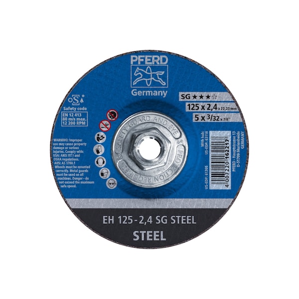 Rueda de corte de 5" x 3/32" Pferd, 5/8-11 Thd. - ACERO SG - Tipo 27 - 63116