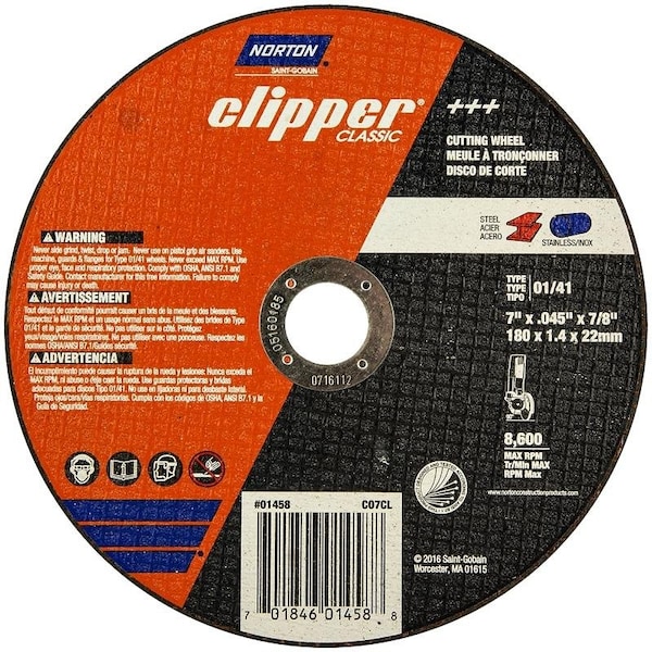 Disco de corte Norton Clipper Clipper Classic A AO Series, de 7 pulgadas de diámetro, 0.045 pulgadas de grosor, con eje de 7/8 pulgadas - 70184601458.