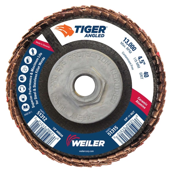 Weiler 4-1/2 Tiger Angled (Radial) Ceramic Flap Disc 40C 5/8-11 Nut - 51315