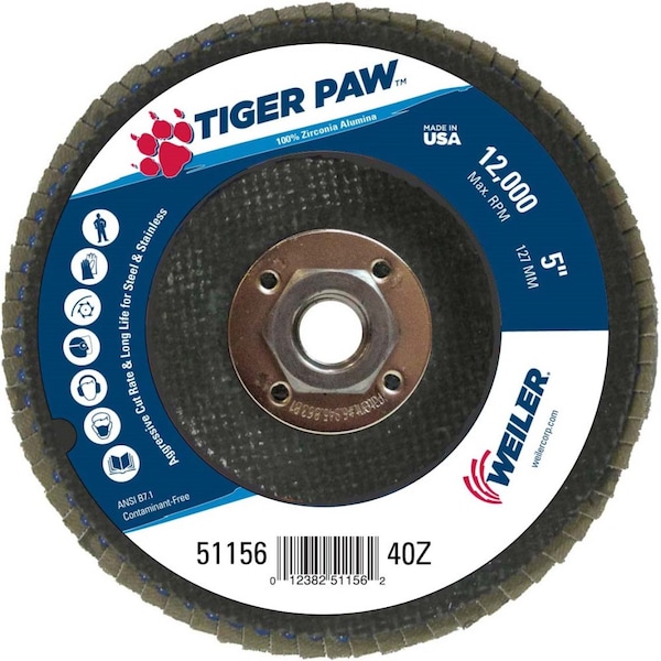 Weiler 5" Tiger Paw Disco de Láminas Abrasivas, Plano (TY27), 40Z, 5/8"-11 UNC - 51156