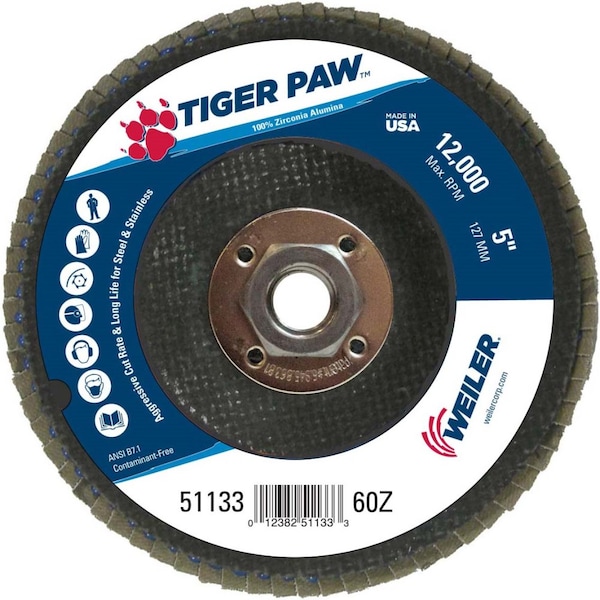 Weiler 5" Disco de Aletas Abrasivas Tiger Paw, Cónico (TY29), 60Z, 5/8"-11 UNC - 51133