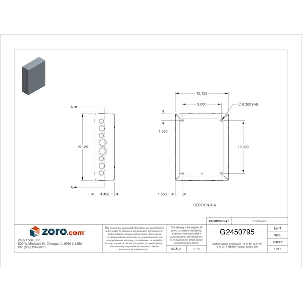Wiegmann Captive Screws Electrical Enclosures, 15 in H, 4 in D, 12 in W, 1, Steel - SC121504