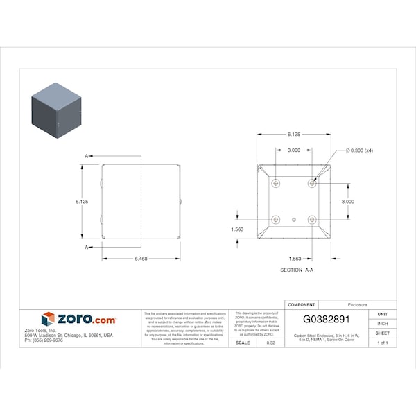 Wiegmann Captive Screws Electrical Enclosures, 6 in H, 6 in D, 6 in W, 1, Steel - SC060606NK