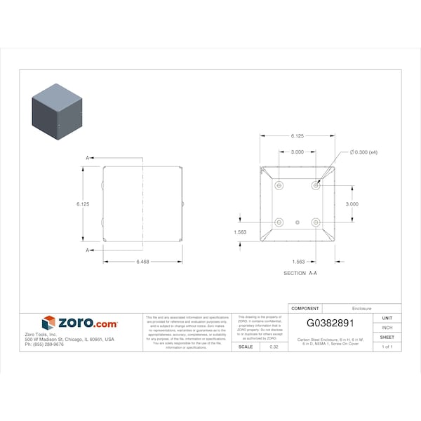 Wiegmann Captive Screws Electrical Enclosures, 6 in H, 6 in D, 6 in W, 1, Steel - SC060606NK