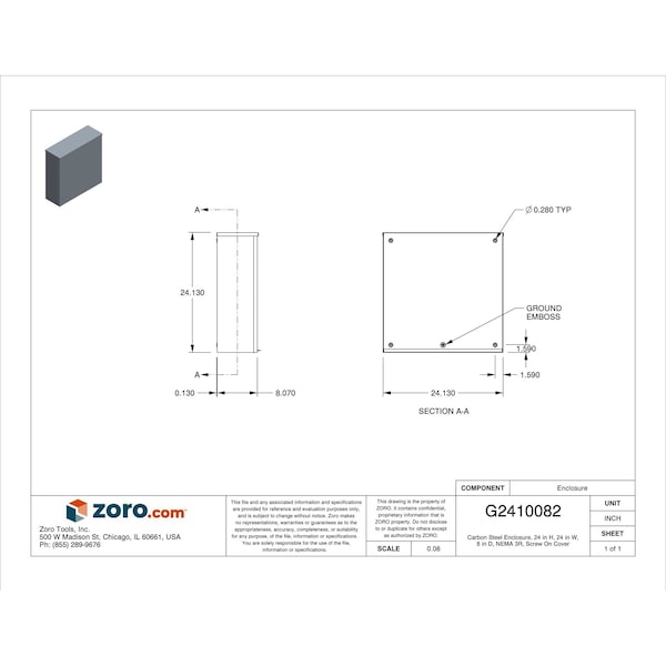 Wiegmann Padlockable Hasp Electrical Enclosures, 24 in H, 8 in D, 24 in W, 3R, Steel - RSC242408