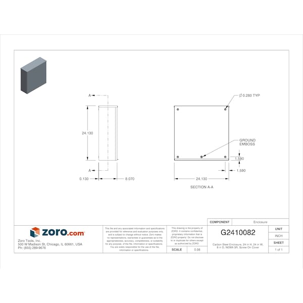 Wiegmann Padlockable Hasp Electrical Enclosures, 24 in H, 8 in D, 24 in W, 3R, Steel - RSC242408