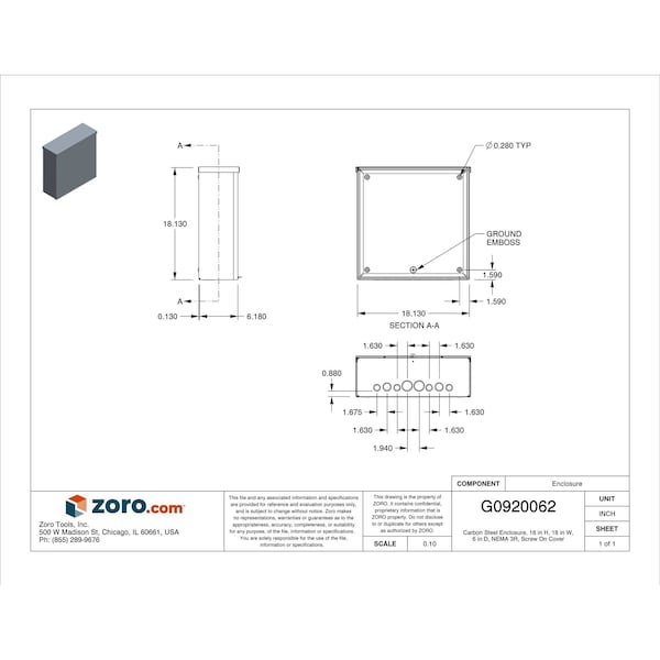 Wiegmann Padlockable Hasp Electrical Enclosures, 18 in H, 6 in D, 18 in W, 3R, Steel - RSC181806