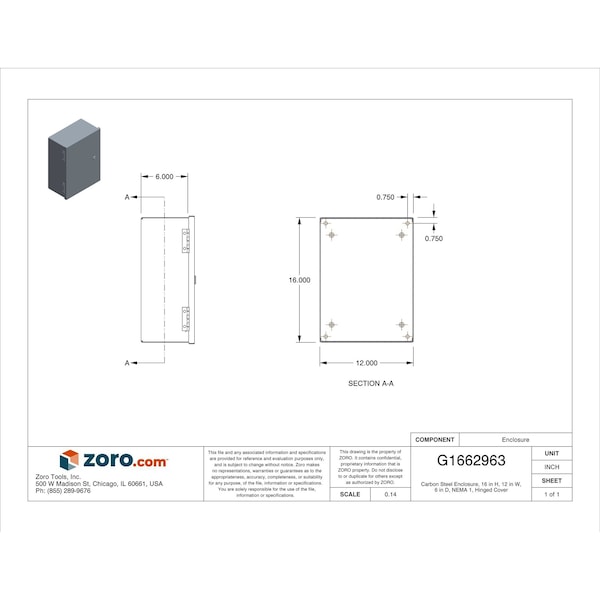 Wiegmann 1/4 Turn Latch Electrical Enclosures, 16 in H, 6 in D, 12 in W, 1, Steel - N1C121606S