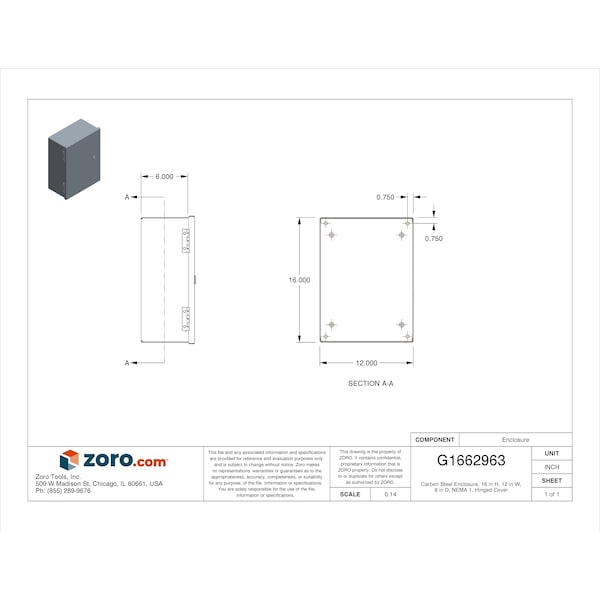 Wiegmann 1/4 Turn Latch Electrical Enclosures, 16 in H, 6 in D, 12 in W, 1, Steel - N1C121606S