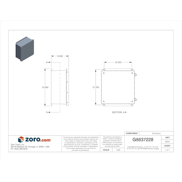 Wiegmann Padlockable Hasp Electrical Enclosures, 11.70 in H, 6.10 in D, 12 in W, 1, 12, 3R, 4X, 6P - HW-J121206CHQR