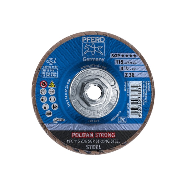 Disco de láminas POLIFAN® 4-1/2" x 5/8-11 Thd. - Z SGP STRONG STEEL, Zirconia, 36 grano, Cónico - 62950