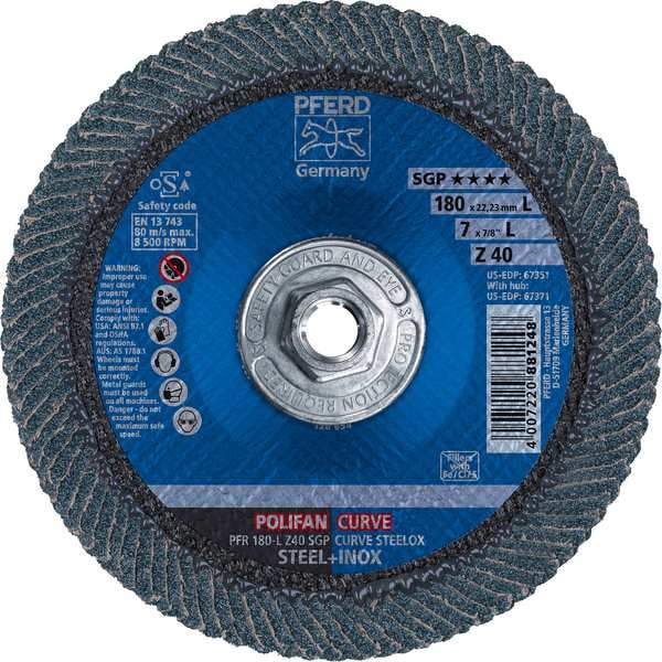 Disco de láminas POLIFAN® 7" x 5/8-11 Thd. - Z SGP CURVE STEELOX, Zirconia, 40 Grit, Gran Radio - 67371