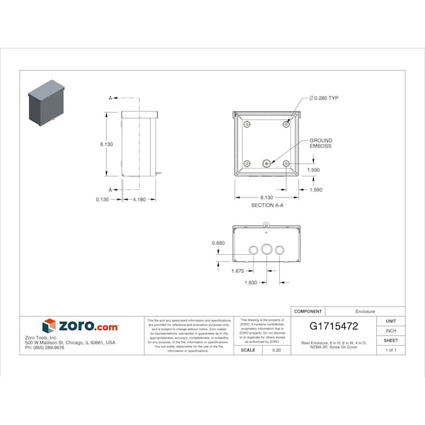 Wiegmann Padlockable Hasp Electrical Enclosures, 8 in H, 4 in D, 8 in W, 3R, Steel - RSC080804G
