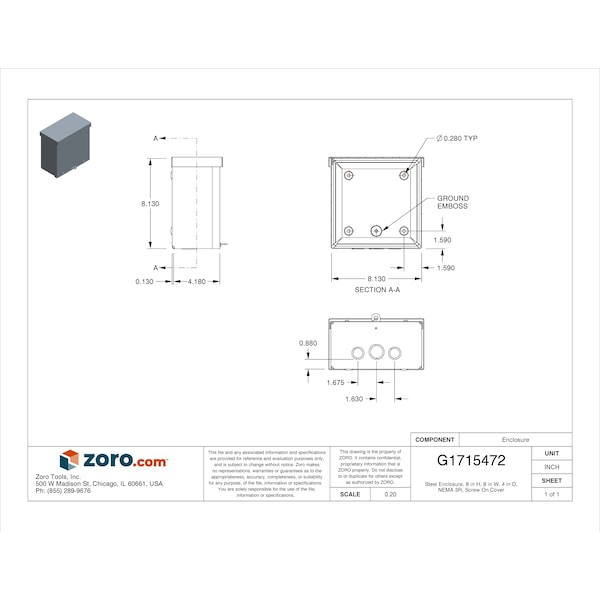 Wiegmann Padlockable Hasp Electrical Enclosures, 8 in H, 4 in D, 8 in W, 3R, Steel - RSC080804G