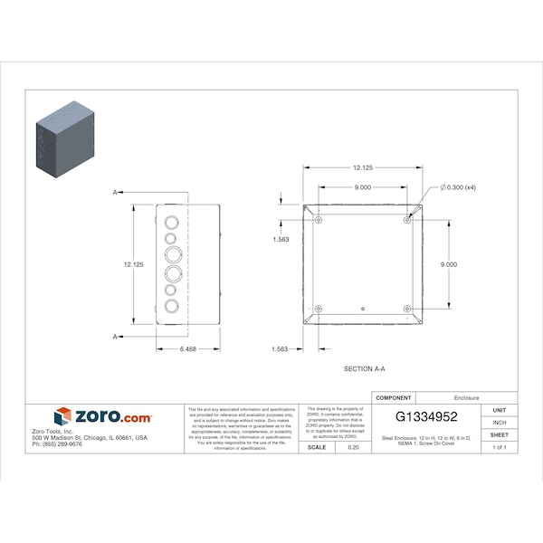 Wiegmann Captive Screws Electrical Enclosures, 12 in H, 6 in D, 12 in W, 1, Steel - SC121206G