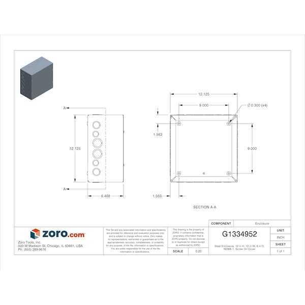 Wiegmann Captive Screws Electrical Enclosures, 12 in H, 6 in D, 12 in W, 1, Steel - SC121206G