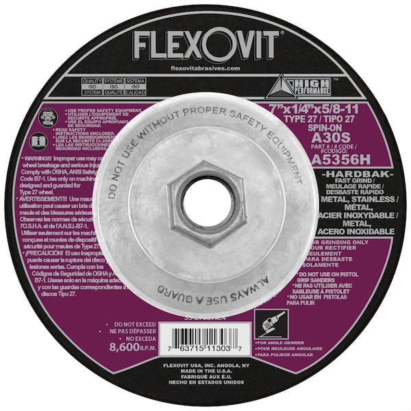 Rueda de centro deprimido Flexovit HP Fast Grind, 7 pulgadas de diámetro x 1/4 pulgadas de grosor, grano A30S, abrasivo de óxido de aluminio - A5356H