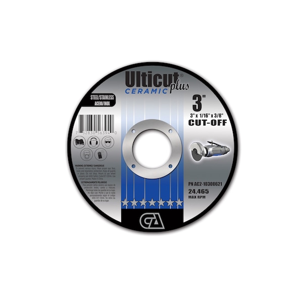 Rueda de corte reforzada doble Continental Abrasives 3" x 1/16" x 3/8" Ceramic Ulticut Plus T1 para acero inoxidable y acero - AC2-10300621