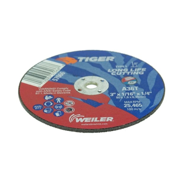 Rueda de corte tipo 1 Weiler TIGER AO de 3" x 1/16", A36T, 1/4" A.H. - 57066.