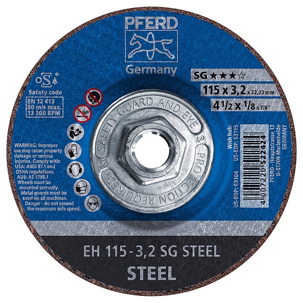 Rueda de corte Pferd de 4-1/2" x 1/8", 5/8-11 Thd. - SG STEEL - Tipo 27 - 63115