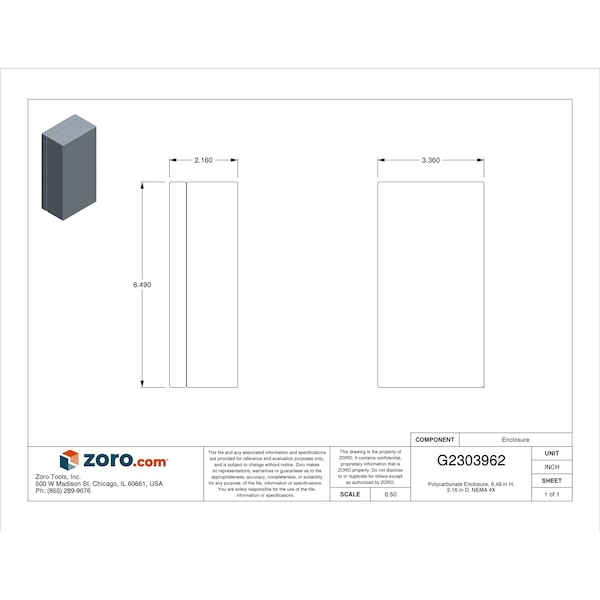 Box Enclosures Electrical Enclosures, 6-1/2 in H, 2.2 in D, 3.4 in W, 4, Polycarbonate - BEN-50P