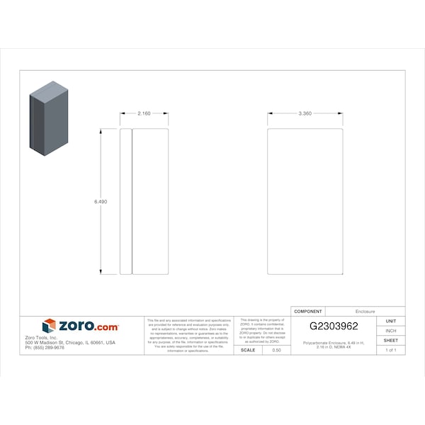 Box Enclosures Electrical Enclosures, 6-1/2 in H, 2.2 in D, 3.4 in W, 4, Polycarbonate - BEN-50P