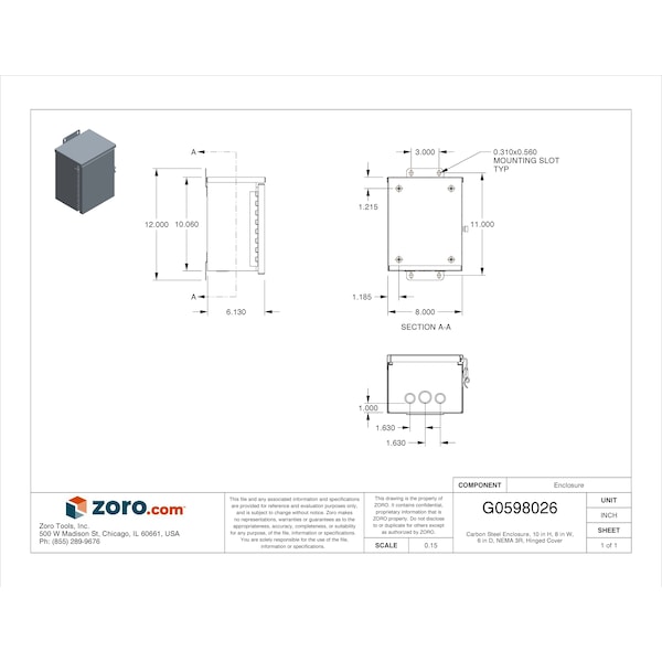 Wiegmann Padlockable Hasp Electrical Enclosures, 10 in H, 6 in D, 8 in W, 3R, Steel - RHC081006
